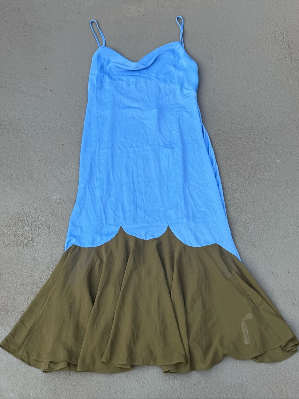LyreBird Anthropologie Blue Olive Colorblock Scallop Hem Maxi Dress Size M NWT